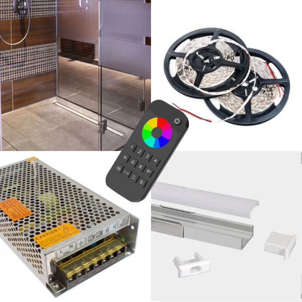 Bathroom Kit LED Strip RGBW Colour Changing - Wetroom WC LED Kit - Includes LED Strip Tape, LED Profile, Driver + Optional RF Remote or Wall Plate Controller, 5m Cable 24V - IP65