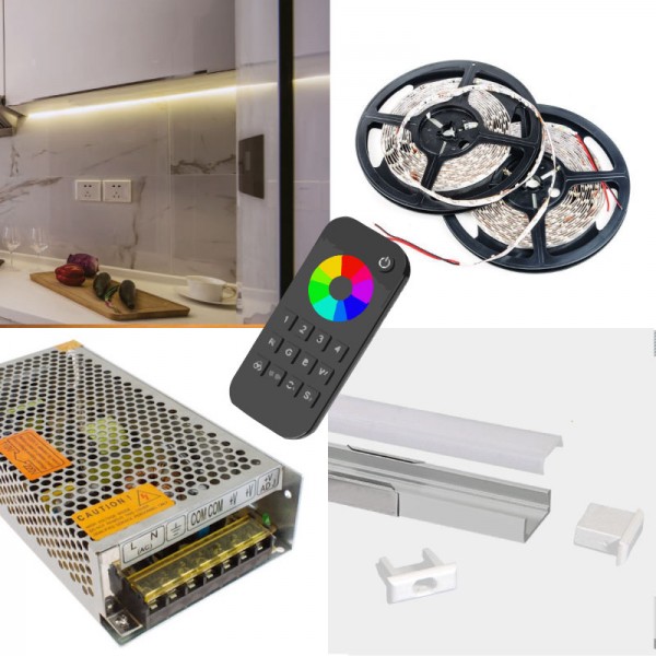 Kitchen Kit LED Strip RGBW Colour Changing - Kitchen Cupboard Counter Worktop  LED Kit - Includes LED Strip Tape, LED Profile, Driver + Optional RF Remote or Wall Plate Controller, 5m Cable 24V - IP65