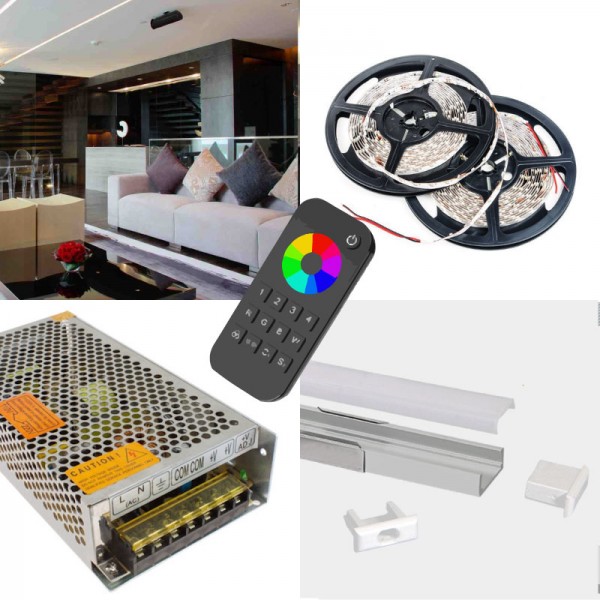 RGBW Home LED Strip Kit RGBW Colour Changing - Home LED Kit - Includes LED Strip Tape, LED Profile, Driver + Optional RF Remote or Wall Plate Controller, 5m Cable 24V - IP21