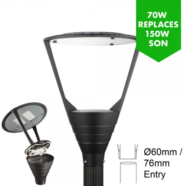 LED Premium Post Top Lantern - Car Park / Street Light Luminaire 70W/8,050lm - 3-8m Column Street Lighting Fixture 76mm entry Flicker Free