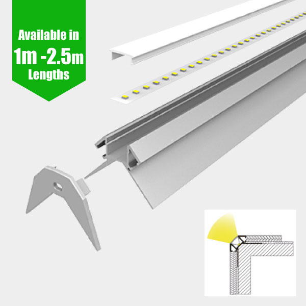 LED Profile Recessed Tile Outer Corner for LED Strip - Aluminium LED Channel c/w  Clip-in Diffuser + End Caps 
