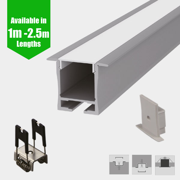 LED Profile Recessed Ceiling for LED Strip -  Aluminium LED Channel c/w  Diffuser + End Caps