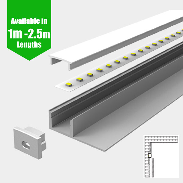 LED Profile Recessed Tile Edge for LED Strip - Aluminium LED Channel c/w  Clip-in Diffuser + End Caps 
