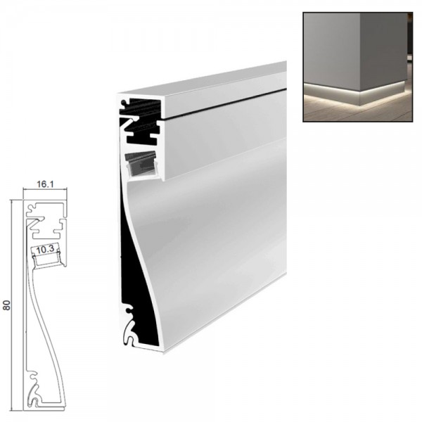 LED Skirting Board Profile - Aluminium LED Channel Extrusion Housing Trunking for Skirting/Perimeter Walls c/w  Diffuser 