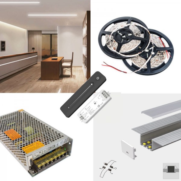 LED Strip Plaster in plasterboard Skim LED Profile Ceiling Complete Kit - Includes LED Strip Tape, LED Profile, Driver + Optional Remote Dimmer or Wall Plate Dimming Switch, 5m Cable SMD3528 24V - Single Colour IP21