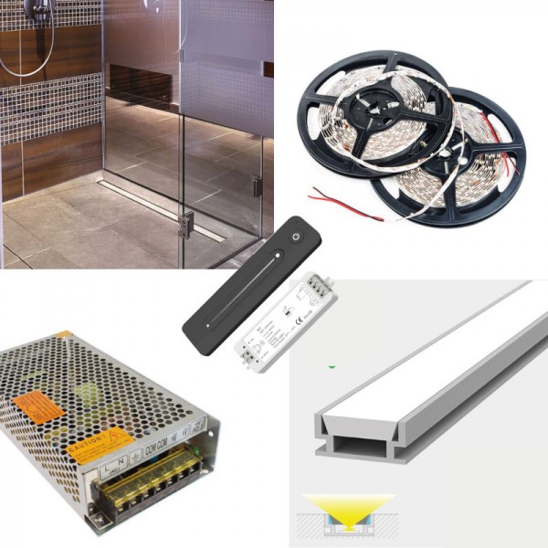 LED Strip Tile in LED Profile Floor / Wall Recessed Shower Niche Complete Kit - Includes LED Strip Tape, LED Profile, Driver + Optional Remote Dimmer or Wall Plate Dimming Switch, 5m Cable SMD3528 24V - Single Colour IP65