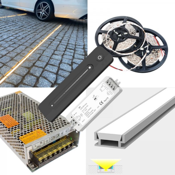 Outdoor Recessed Patio Drive Driveway Garden LED Strip Tape Profile Complete Kit - Includes LED Strip Tape, LED Profile, Driver + Optional Remote Dimmer and Wall Plate Dimming Switch, 5m Cable SMD3528 24V - Single Colour IP65