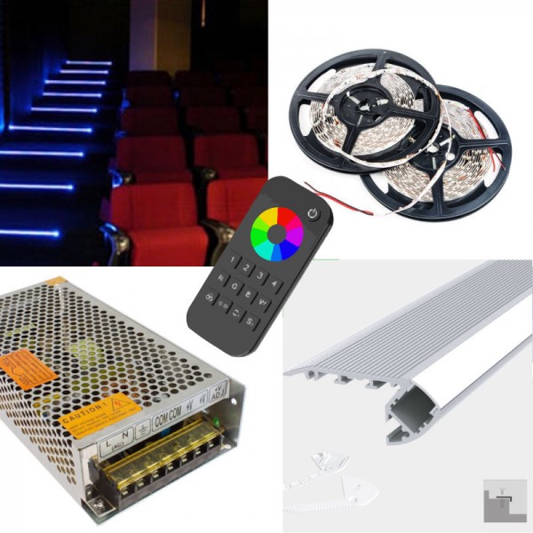 Stair Nosing LED Strip RGBW Colour Changing - Step Stairs Treads Edging LED Kit - Includes LED Strip Tape, LED Profile, Driver + Optional RF Remote or Wall Plate Controller, 5m Cable 24V - IP65