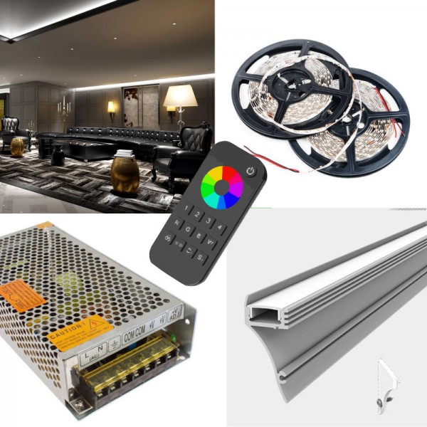 Wall Mount Cove LED Strip RGBW Colour Changing - Coving LED Kit - Includes LED Strip Tape, LED Profile, Driver + Optional RF Remote or Wall Plate Controller, 5m Cable 24V - IP65