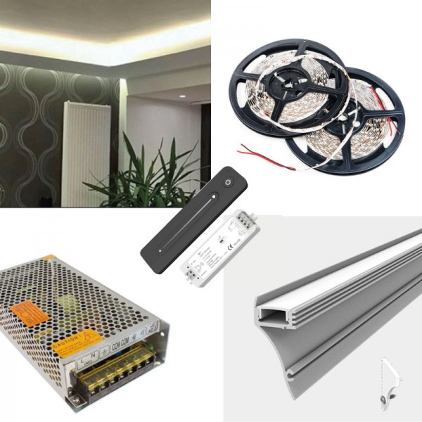 LED Strip Wall Mount Cove Coving LED Profile Strip Complete Kit - Includes LED Strip Tape, LED Profile, Driver + Optional Remote Dimmer or Wall Plate Dimming Switch, 5m Cable SMD3528 24V - Single Colour IP21